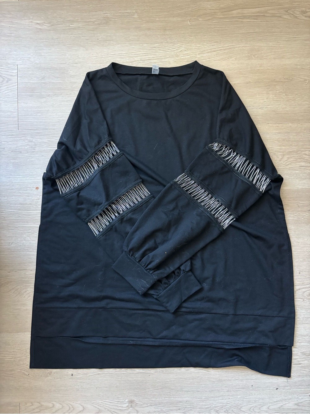 Black Women's Long Sleeve Crewneck Top with Ladder Stitch Sleeve Detail